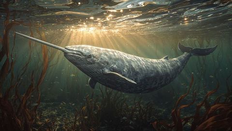 Narwhal with Tusks Gliding Through Sunlit Kelp Forest Waters