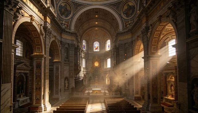 Golden sunbeams drawing eye toward gilded altar in majestic baroque cathedral interior