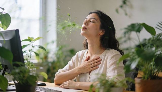 Woman coughing at plant-filled workstation holding chest, sunlight in biophilic office