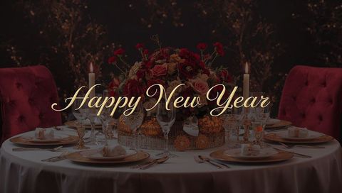 Elegant New Year Banquet Table with Rose Centerpiece, Candlelight and Gold Tableware