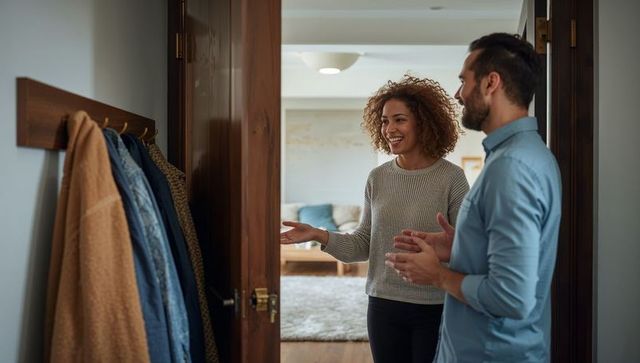 Couple welcoming guests in cozy home entryway with wood coat rack and warm lighting