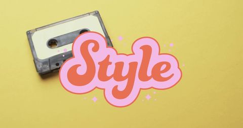 Retro Cassette Tape with Stylish Text Overlay on Yellow