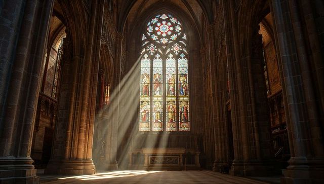 Sunlight illuminating gothic cathedral stained glass window