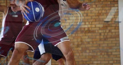Dynamic basketball players battling for possession with blue digital hud overlay