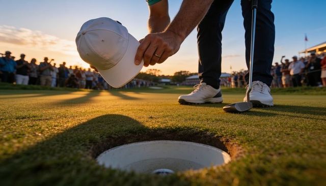 Picking up cap after sinking winning putt on sunset putting green with crowd