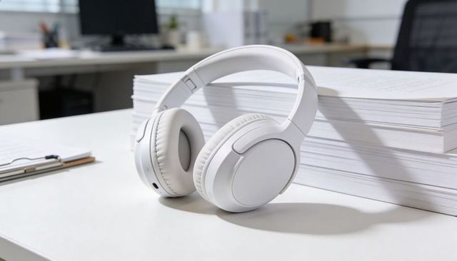 Resting white wireless headphones on office desk with stack of papers minimalist workspace