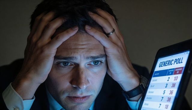 Stressed executive businessman holding head viewing poll results on tablet in dim office closeup