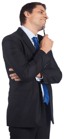 Pensive Businessman with Pen on Transparent Background