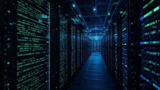 Futuristic server room with code panels and led lights