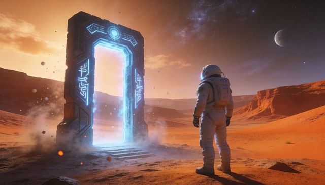 Astronaut standing before glowing runic portal on martian-like desert under starry sky