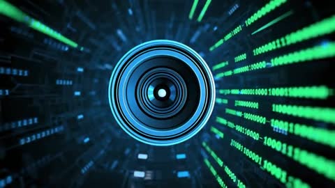 Futuristic Data Tunnel with Rotating Optical Lens and Binary Streams