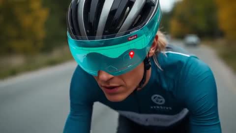 Cyclist pedaling in aero position on two-lane road wearing teal kit and smart visor