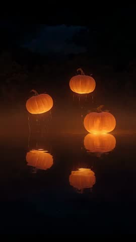 Glowing Pumpkins Drifting and Bobbing on Foggy Lake with Ripple Reflections — Vertical Video