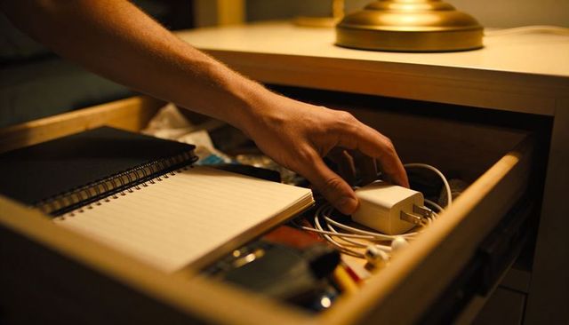 Male forearm reaching for white usb charger in wooden nightstand drawer at warm lamp light