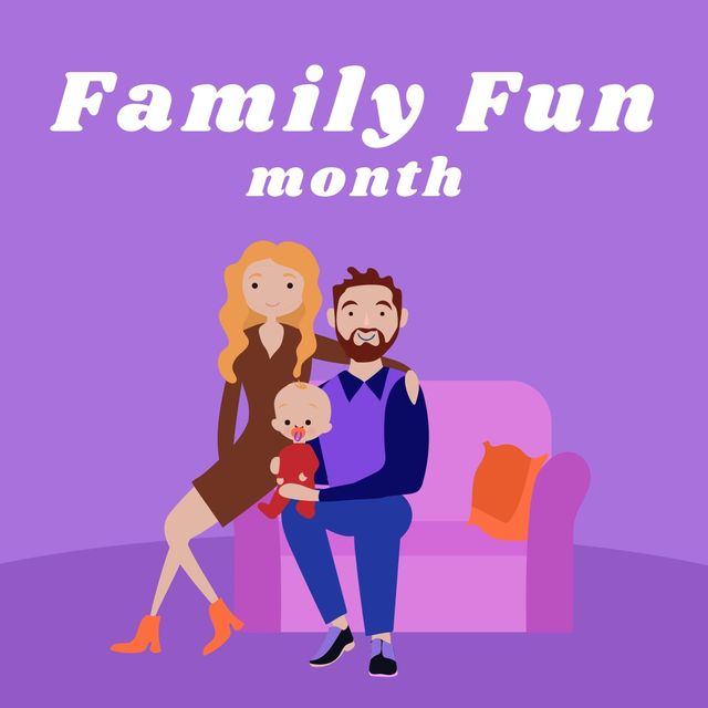 Illustration of mother, father and baby with family fun month text on violet background, copy space. vector, celebration, family, love, enjoyment and togetherness concept.