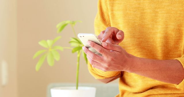 Man Using Smartphone in Living Room Near Green Plant - Download Free Stock Images Pikwizard.com