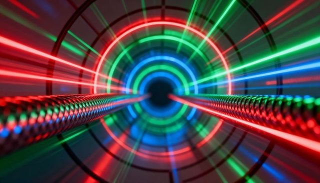 Neon tunnel with braided rods reflecting rgb rings and radial light streaks