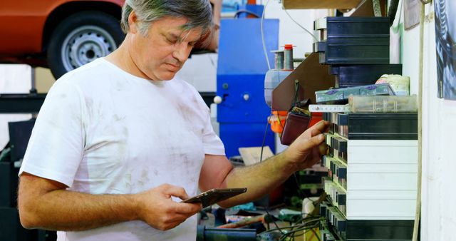 Automobile Mechanic in Workshop Sorting Tools and Checking Tablet - Download Free Stock Images Pikwizard.com