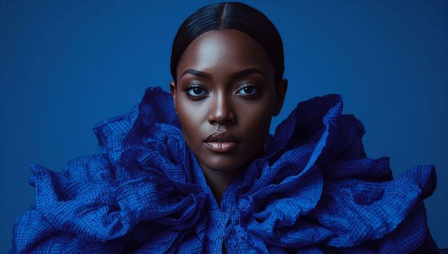 Elegant model wearing blue ruffled fashion in studio