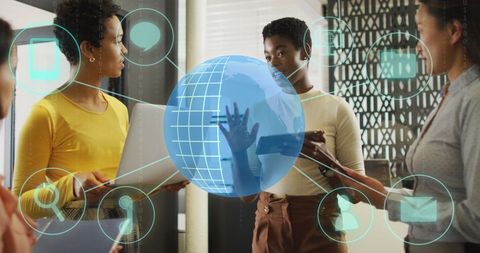 Diverse business team discusses global digital solutions