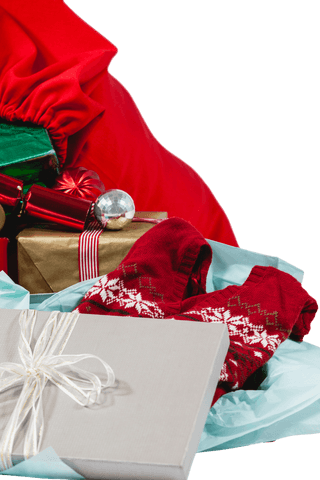 Transparent christmas gifts overflowing from sack