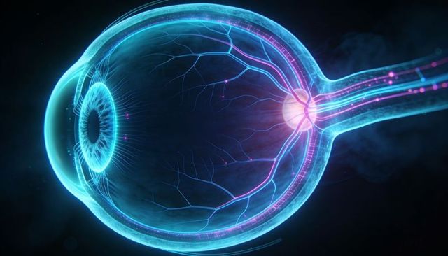 Glowing 3d cross-section of eye showing retina, optic nerve and vascular network