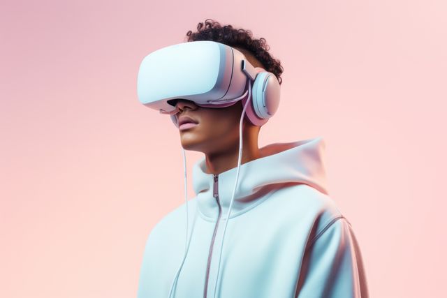Biracial man wearing vr and ar headset on pink background, created using generative ai technology. Augmented and virtual reality and technology concept digitally generated image.