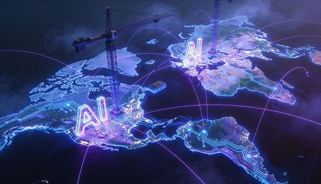 Building global ai infrastructure on neon holographic world map with cranes and circuit arcs