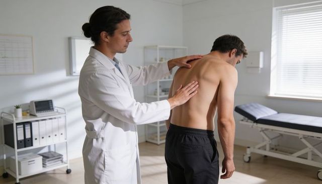 Doctor palpating spine during posture assessment in clinical exam room