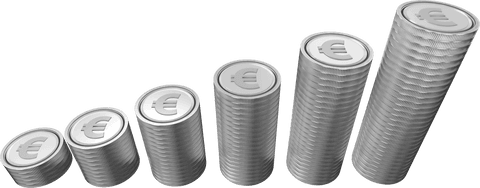 Ascending stacks of euro coins on transparent background
