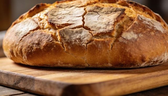 Golden crust artisan sourdough loaf on wooden board showing rustic cracked texture