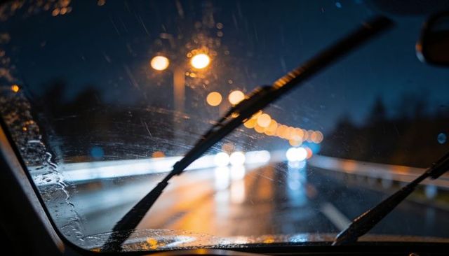 Windshield wipers clearing rain on night highway with headlight bokeh and road reflection