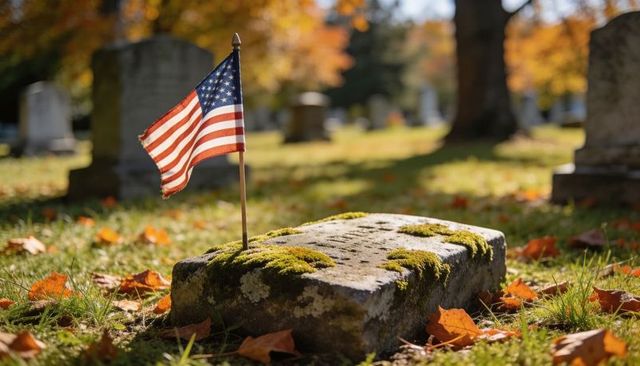 American flag marking moss-covered gravestone in autumn cemetery