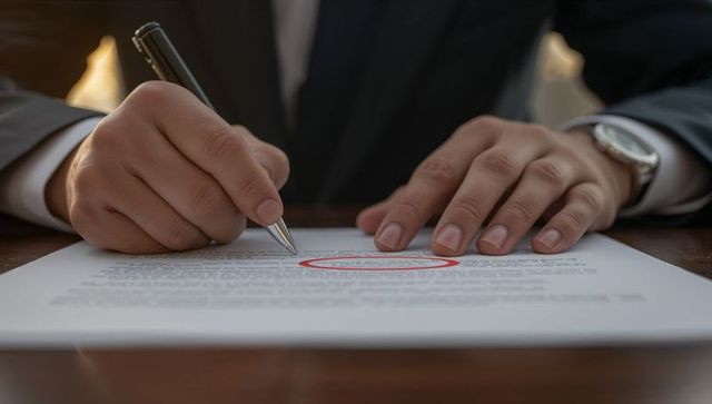 Businessman signing contract with silver pen while circling key clause on legal agreement
