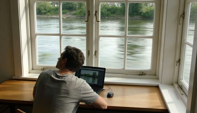 Man working riverside window desk with laptop and mouse, natural light home office view
