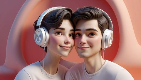3d cute couple with headphones in dreamy pastel setting