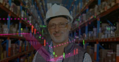 Senior Warehouse Worker Smiling with Financial Graphs Overlay