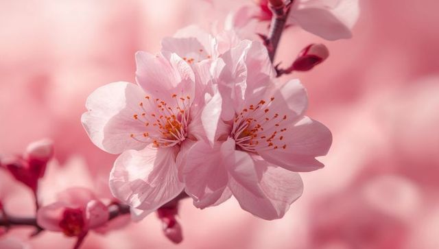 Macro pink cherry blossom cluster blooming on twig with stamens and pastel bokeh