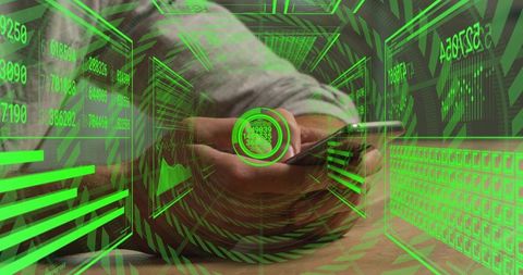 Mid Adult Man Holding Smartphone Viewing Green Augmented Reality Data and Analytics