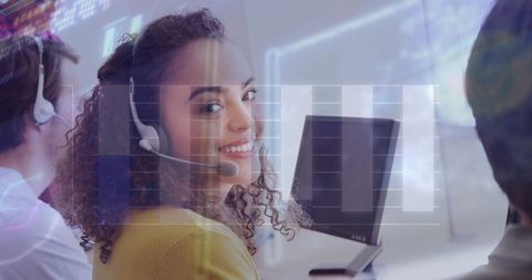 Smiling Woman with Headset and Data Interface Overlay
