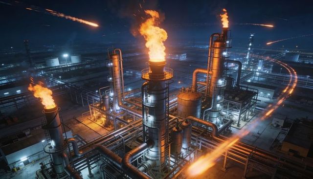 Nighttime petrochemical refinery with blazing flare stacks and intricate pipelines