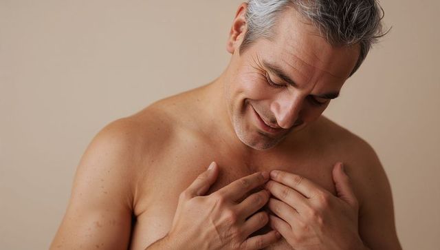 Smiling middle-aged man touching chest serene closeup portrait on warm beige background