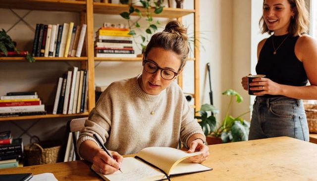 Woman writing in notebook at cozy sunlit home office with bookshelf plants and coffee