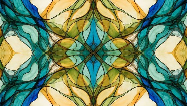 Abstract kaleidoscope pattern with teal and amber panels