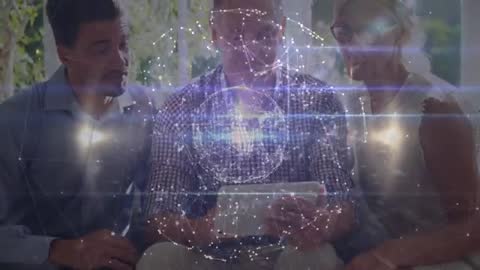 Team Analyzing Technology Data on Tablet with Future Concepts Overlay