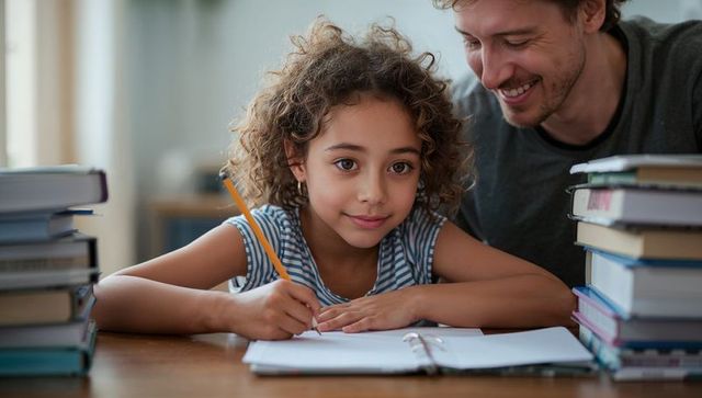 Young girl writing homework with father guiding, home study, textbooks, focused learning