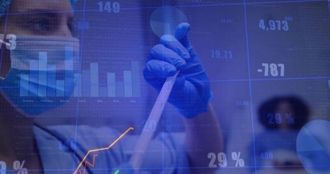 Scientist Using Pipette in Laboratory with Data Visualization Overlay