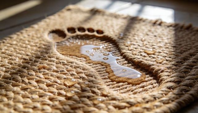 Close-up sunlit wet footprint on jute doormat with water droplets and braided fiber texture
