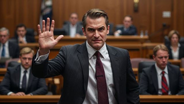 Male attorney raising hand while taking oath in courtroom during serious witness testimony