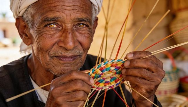 Elder artisan weaving vibrant reed basket at market stall close-up portrait of craftsmanship